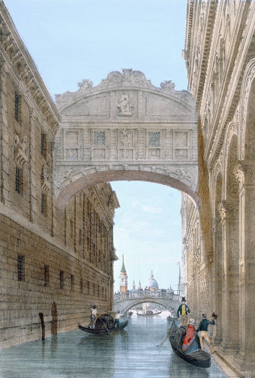 Gôndolas passando sob a Ponte dos Suspiros, de "Vistas dos principais monumentos de Veneza", c.1850 de Giovanni Battista Cecchini