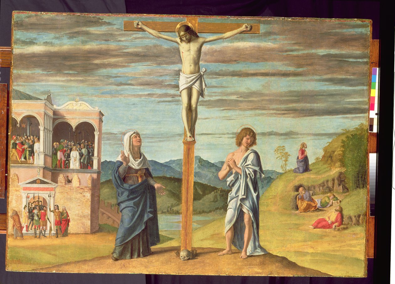 Cristo na Cruz com a Virgem e São João Evangelista (tempera no painel) de Giovanni Battista Cima da Conegliano