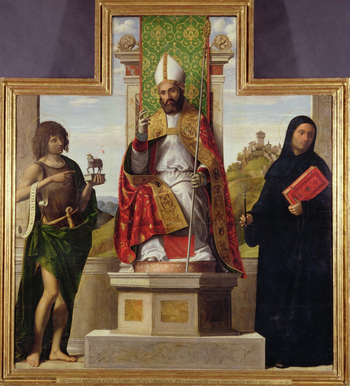 St. Lanfranc de Pavia entronizou entre São João Batista e São Libério, c.1515-16 de Giovanni Battista Cima da Conegliano