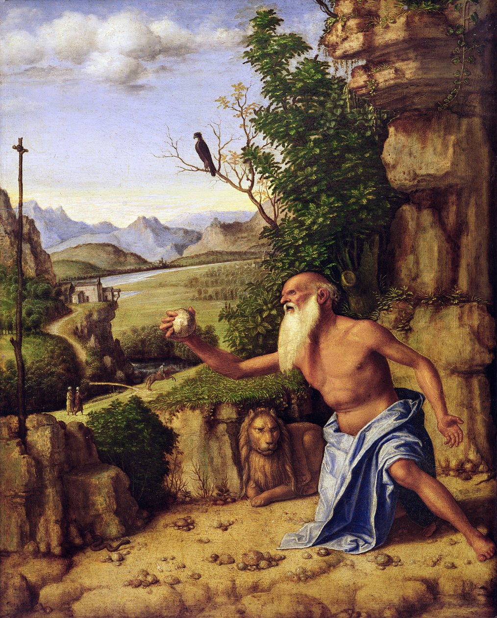 St. Jerome em uma paisagem, c.1500-10 (óleo sobre madeira) de Giovanni Battista Cima da Conegliano