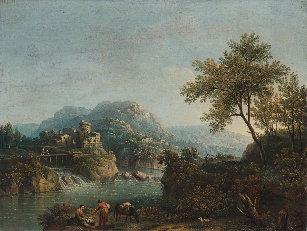 Paisagem do rio com figuras e um burro de Giovanni Battista Cimaroli