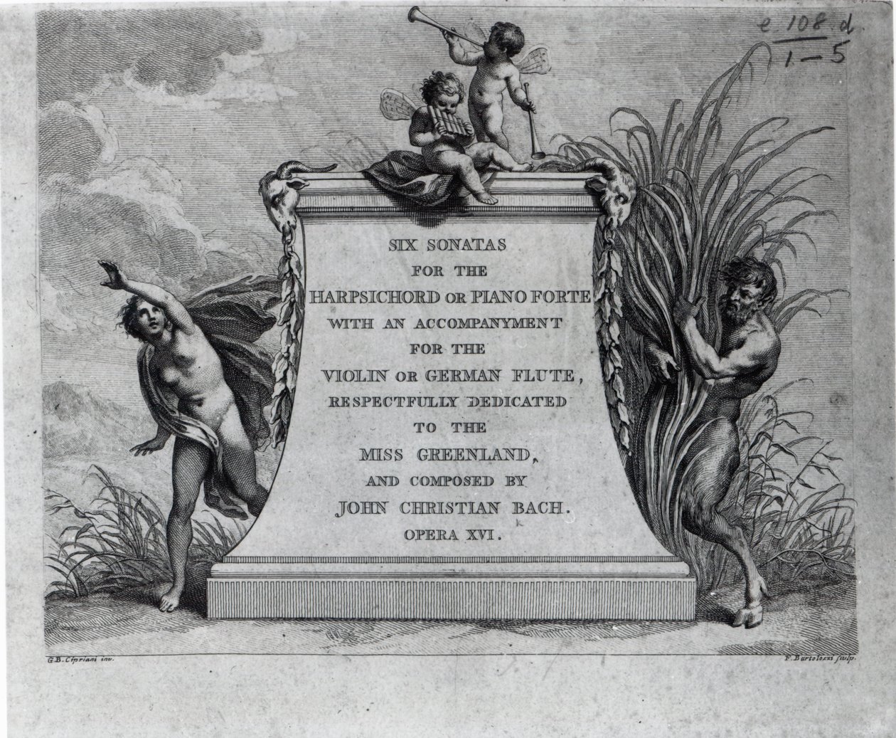 Frontispício de seis sonatas de John Christian Bach, dedicado a Miss Gronelândia, gravado por Francesco Bartolozzi de Giovanni Battista Cipriani