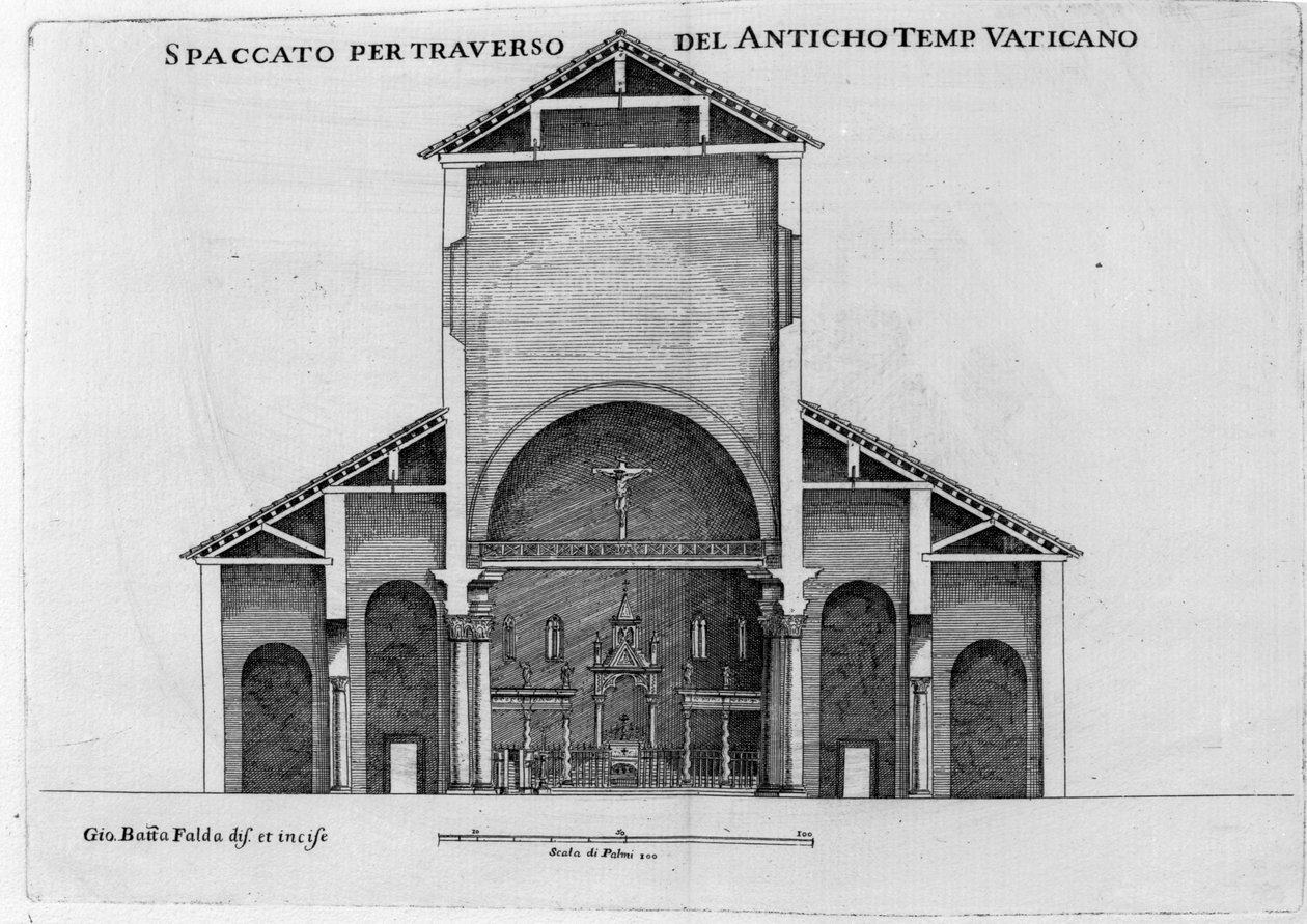 Uma seção transversal da antiga igreja do Vaticano de São Pedro de Giovanni Battista Falda