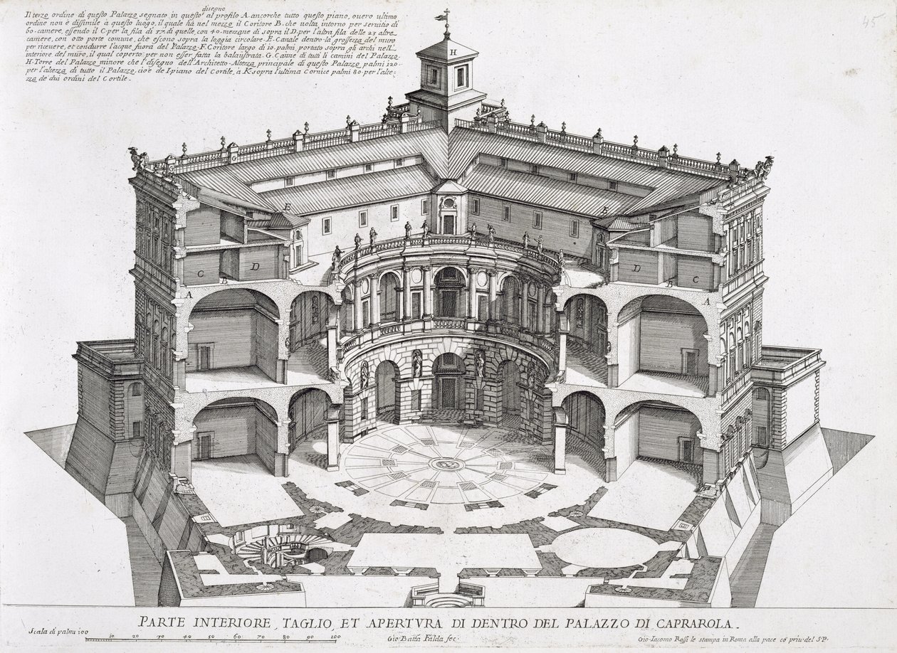Seção transversal de Villa Caprarola, Bagnaia de Giovanni Battista Falda