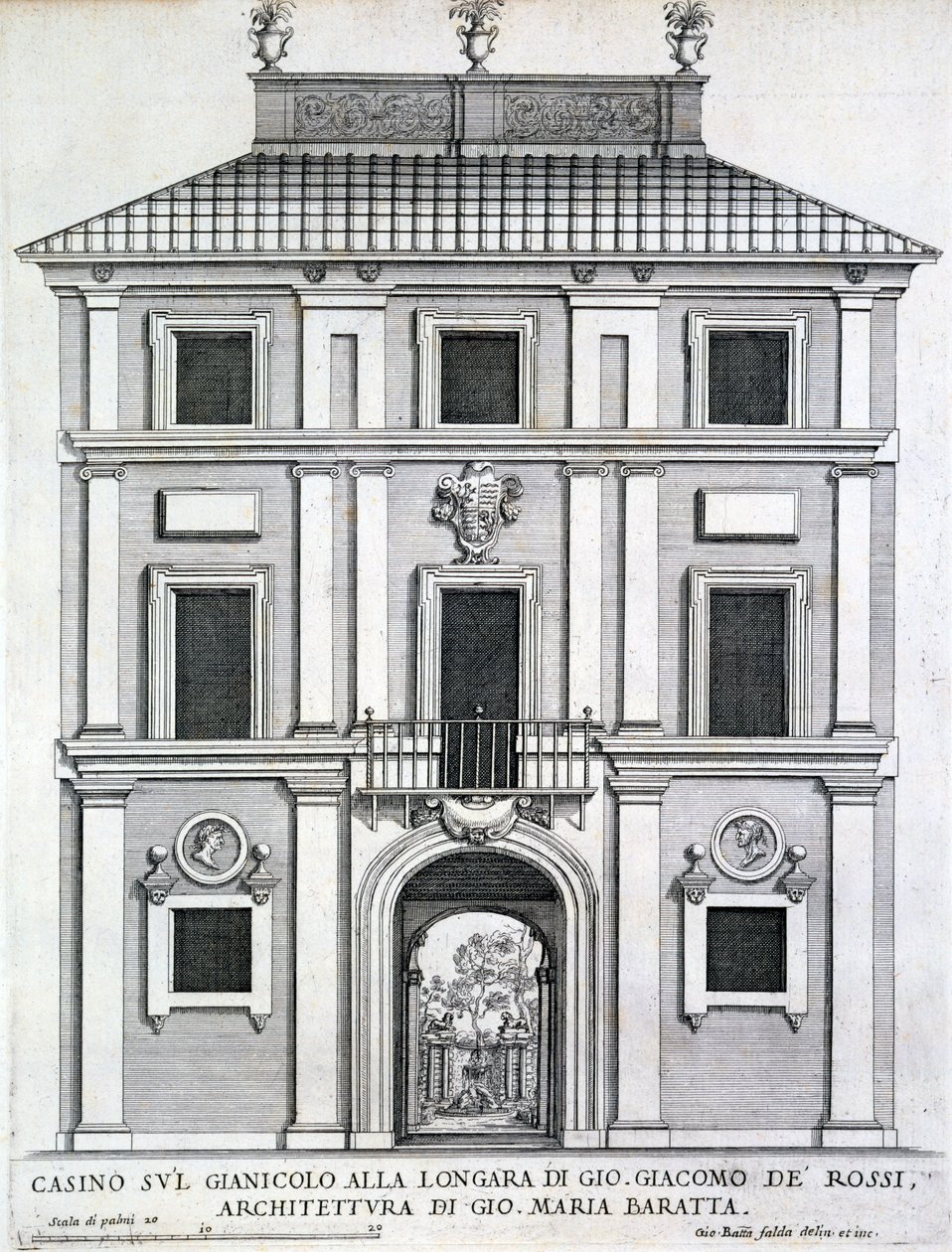 O casino do jardim que pertence a Giacomo de Rossi no Gianicolo alla Longara, de &39;Palazzi di Roma&39;, publicou c.1696-1702 de Giovanni Battista Falda