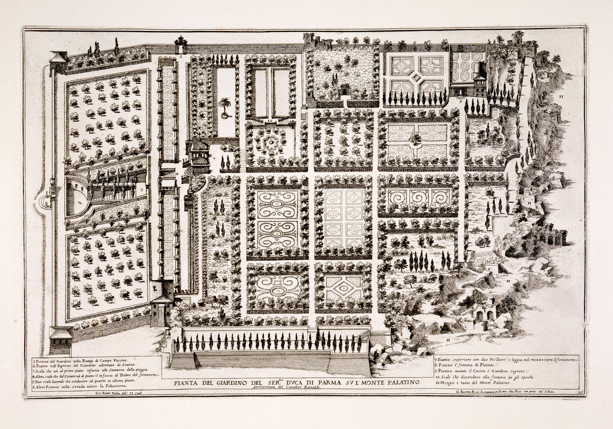 Colina do Palatino, Roma, de "O Novo Teatro dos Tecidos e Prédios na Prospettiva di Roma Moderna", publicada em 1665-69 (ver também 171686) de Giovanni Battista Falda