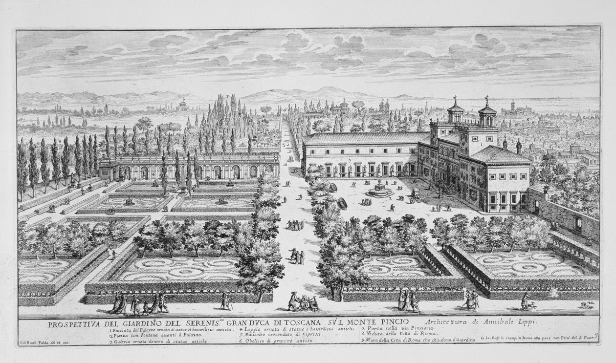 Jardim do Grão-Duque da Toscana no Monte Pincio, Roma, de "O Novo Teatro dos Tecidos e Edifícios na Prospettiva di Roma Moderna", publicado c.1665-69 (ver também 171622) de Giovanni Battista Falda