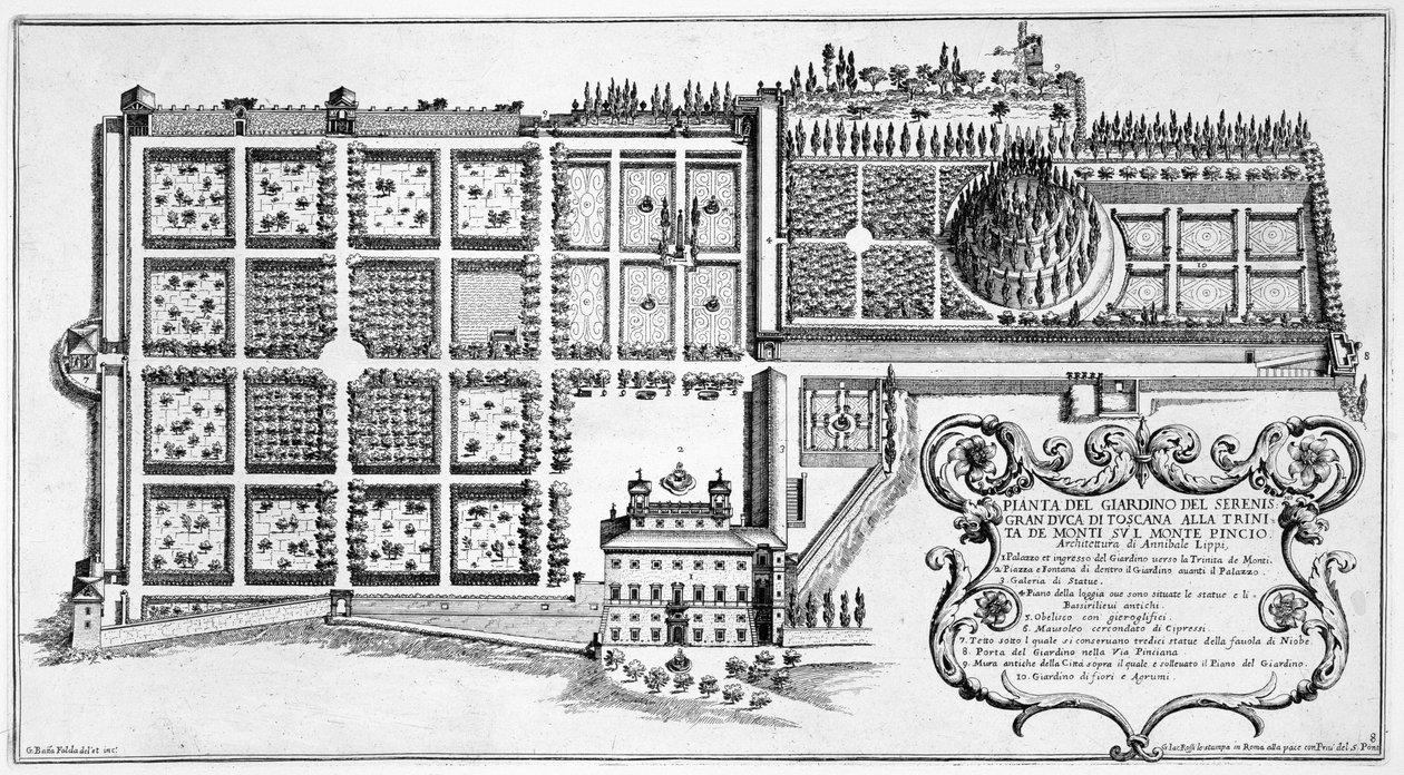 Jardim do Grão-Duque da Toscana na Trindade de Monte, no Pincio, Roma, de &39;O Novo Teatro dos Tecidos e Prédios na Prospettiva di Roma Moderna&39;, publicado c.1665-69 (ver de Giovanni Battista Falda