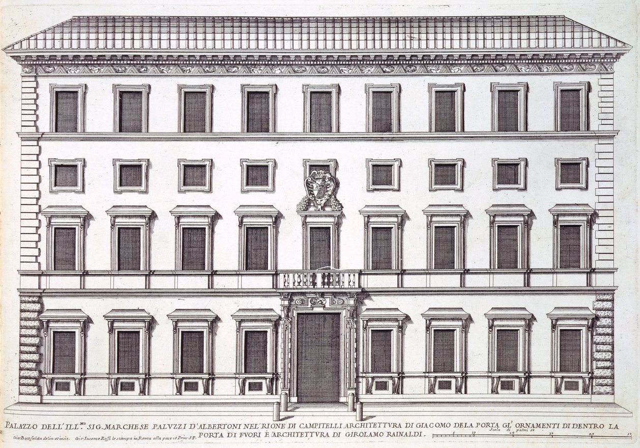 Vista da fachada do Palazzo Marchese, Roma, projetada por Giacomo della Porta (1538-1602) e Girolamo Rainaldi (1570-1655) de Giovanni Battista Falda