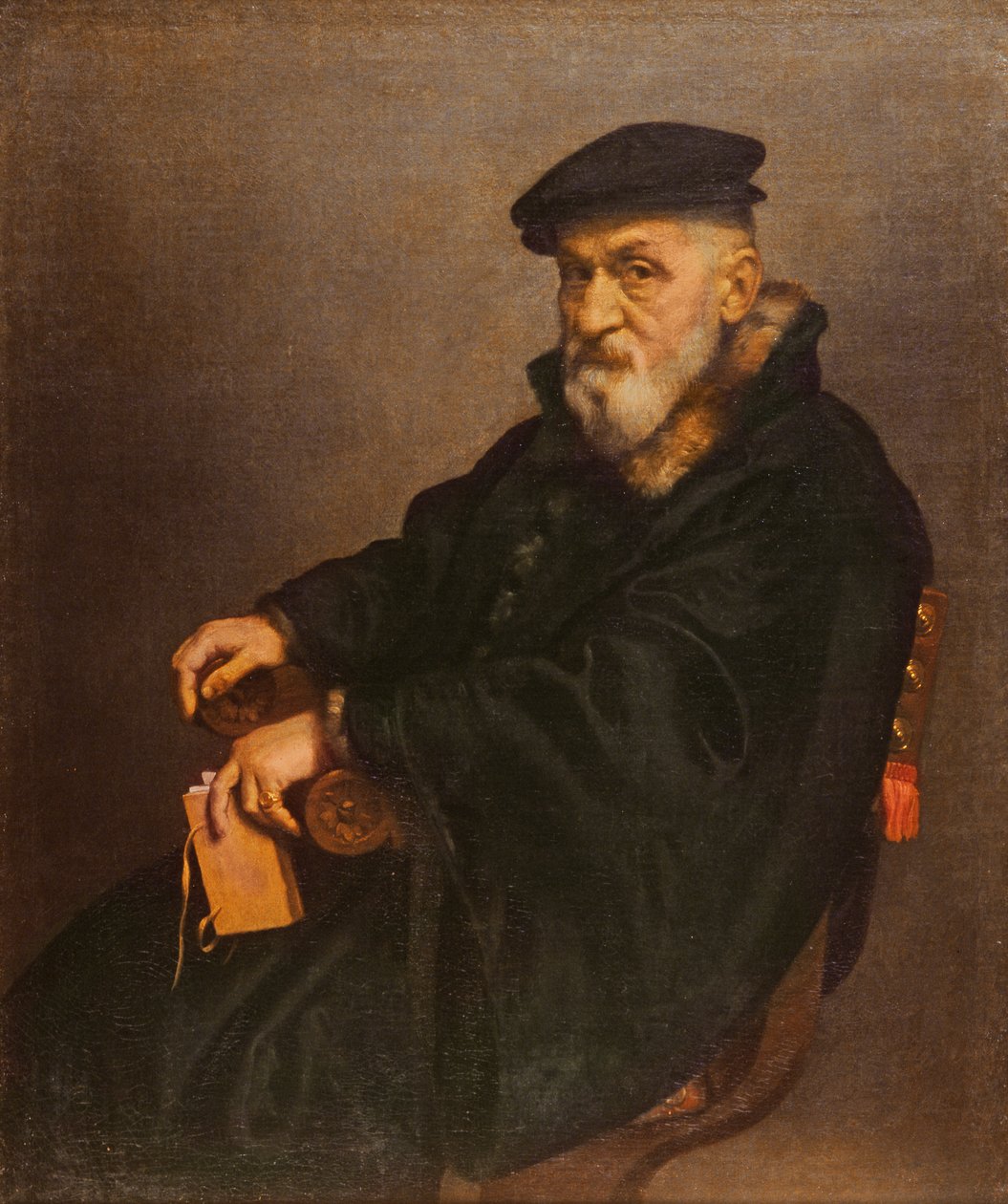 Retrato de um homem velho com um livro, possivelmente Giovan Battista Seradobati, um notário italiano, poste 1575 de Giovanni Battista Moroni
