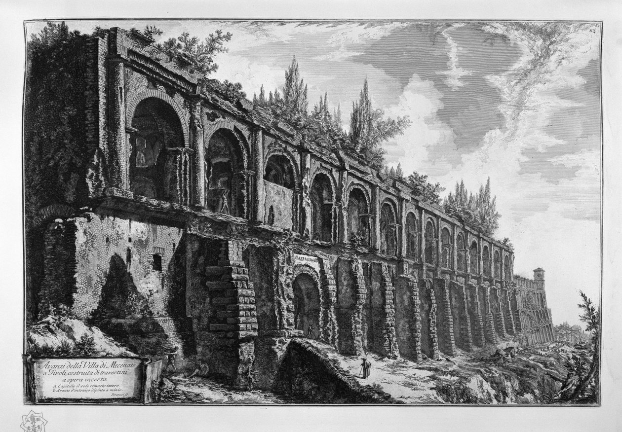 Sobras da Villa di Mecenate em Tivoli, construídas de travertinos com estrutura incerta de Giovanni Battista Piranesi