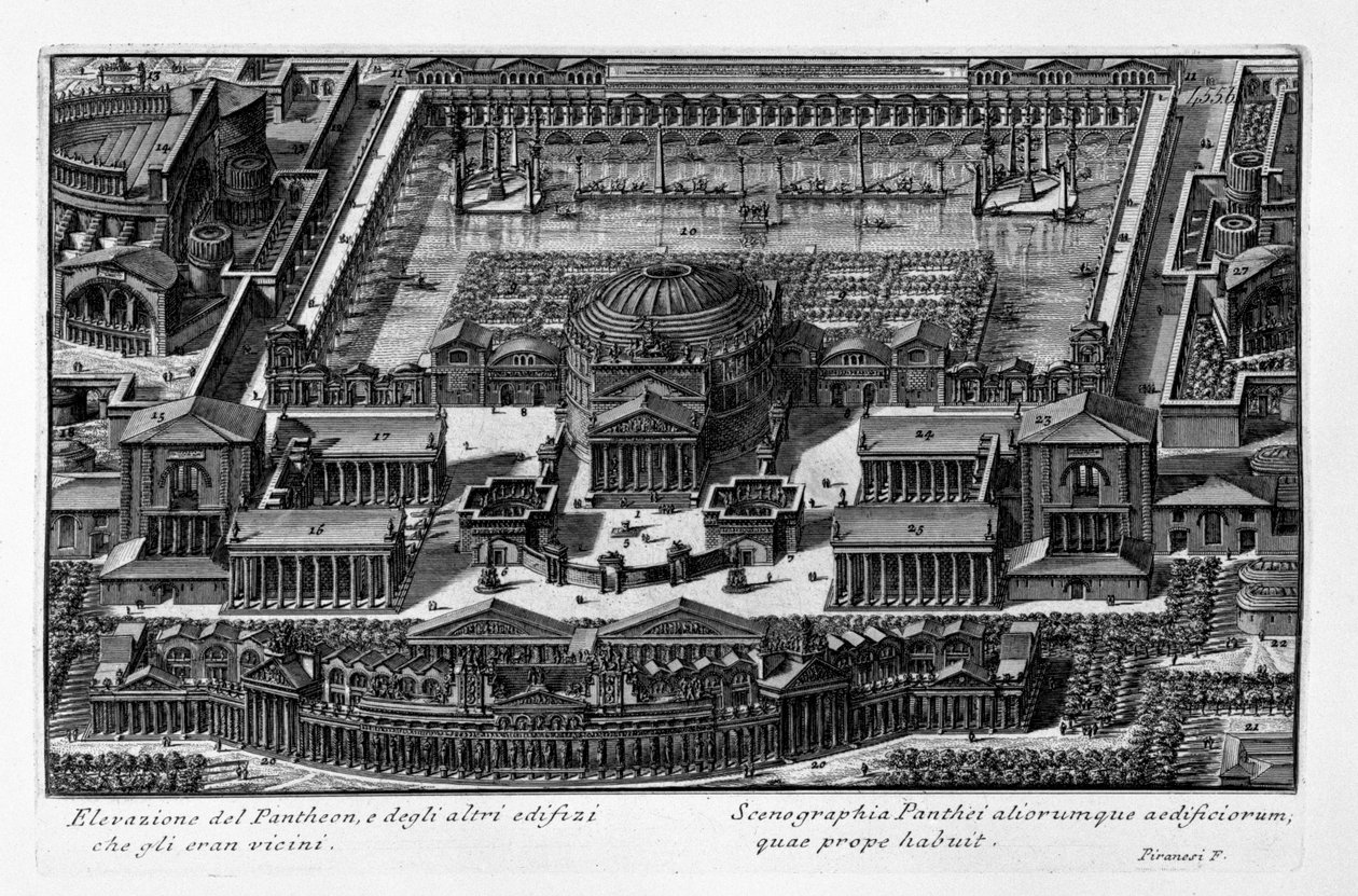 Elevação do Panteão, e dos outros edifícios que estavam perto dele. latino de Giovanni Battista Piranesi