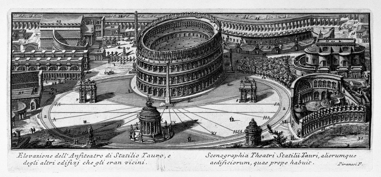 Elevação do Anfiteatro de Statilio Tauro e dos demais edifícios próximos. latino de Giovanni Battista Piranesi