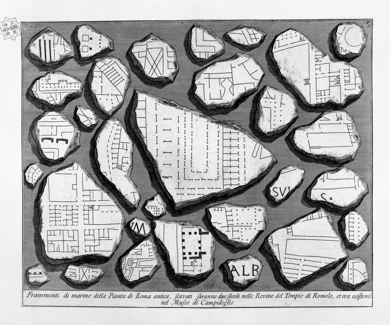 Fragmentos de mármore do antigo mapa de Roma de Giovanni Battista Piranesi
