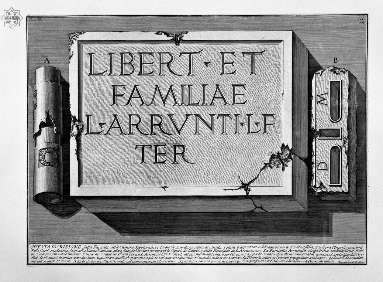 Inscrição no túmulo da família L. Arrunzio de Giovanni Battista Piranesi