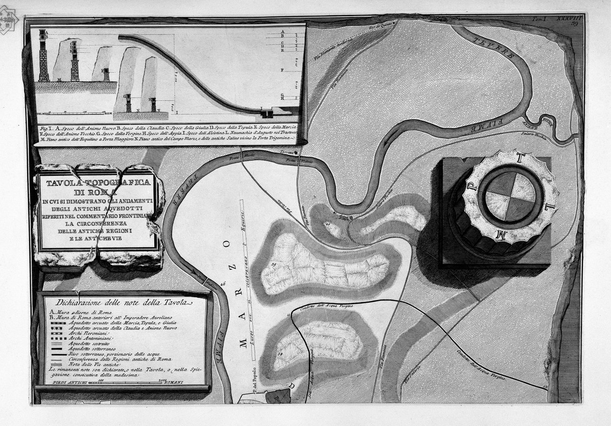 Mapas dos antigos aquedutos romanos em Roma de Giovanni Battista Piranesi