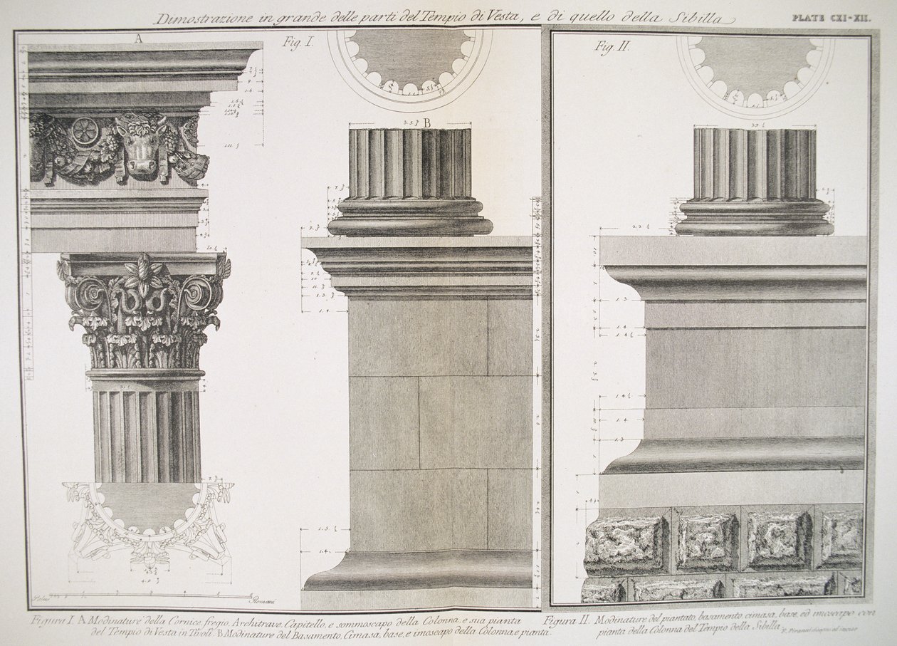 Placa CXI-XII Ilustração da estrutura da coluna do Templo de Vesta e do Templo de Sibilla de &39;Vedute&39;, publicado pela primeira vez em 1756, pub. por E und FN Spon Ltd., 1900 de Giovanni Battista Piranesi
