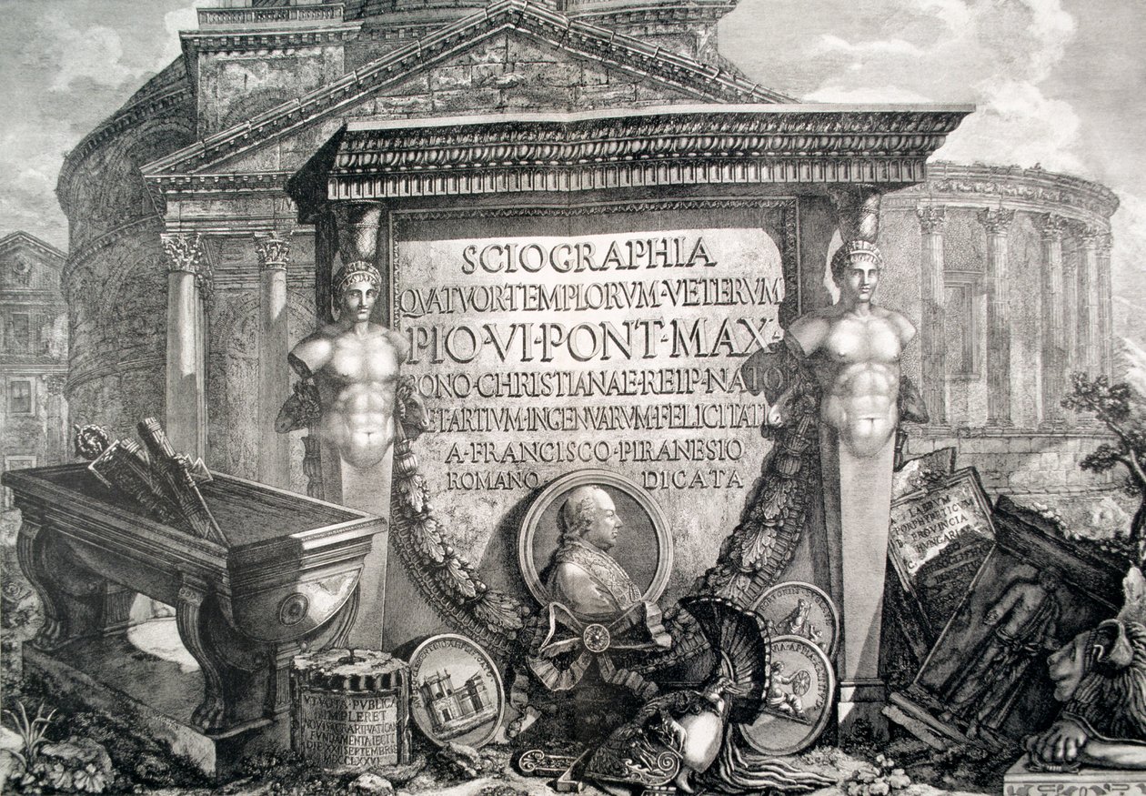 Placa LXXIII-IV Capriccio de ruínas arquitetônicas e antiguidades, ilustração para o capítulo intitulado &39;Panteão e Templos&39; de &39;Vedute&39;, publicado pela primeira vez em 1756, pub. por E und FN Spon Ltd., 1900 (engra de Giovanni Battista Piranesi