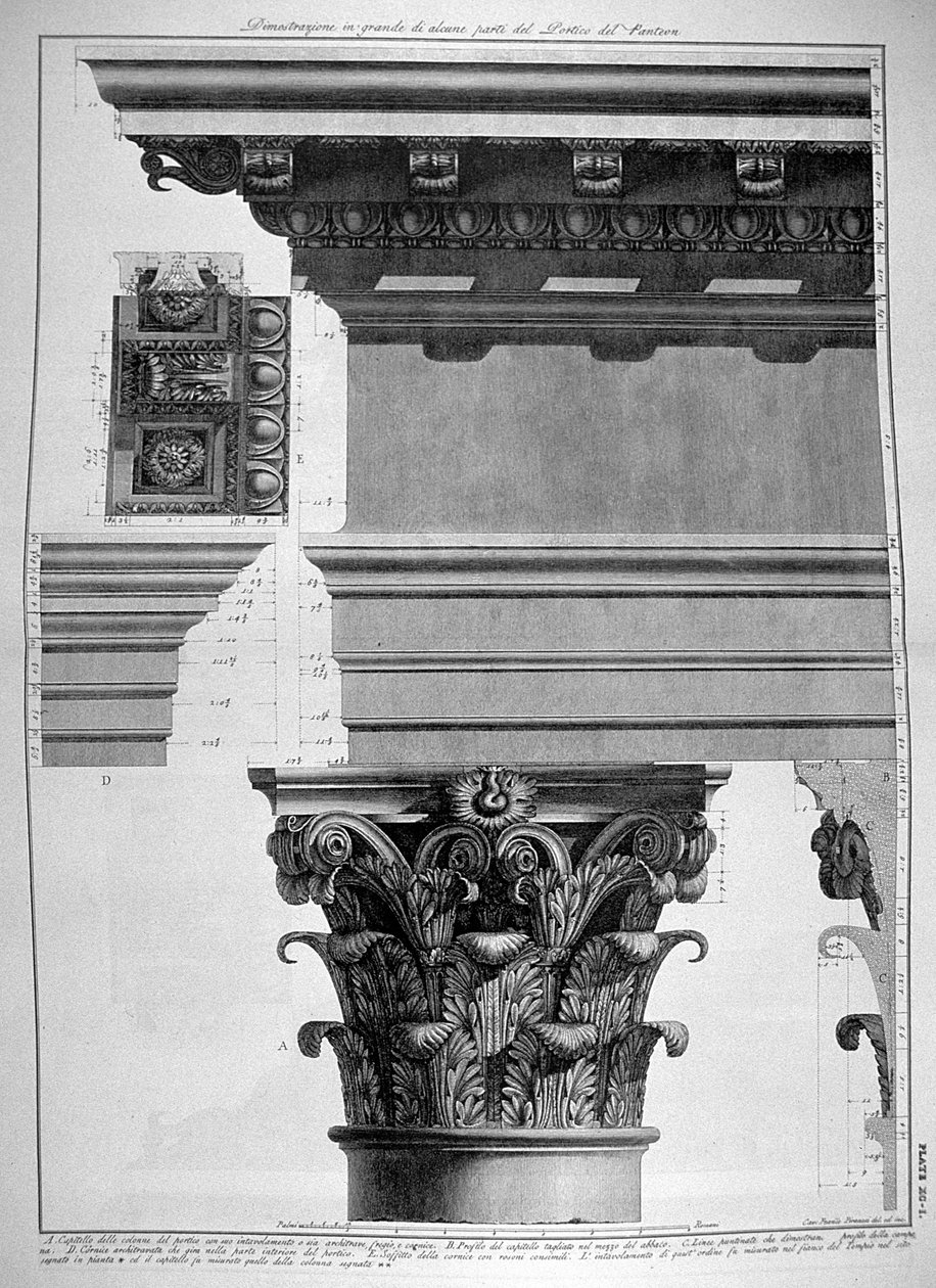 Plate XC-I Ilustração em grande escala de um detalhe do Pórtico do Panteão de Vedute, publicado pela primeira vez em 1756, pub. por E. & FN Spon Ltd., 1900 de Giovanni Battista Piranesi