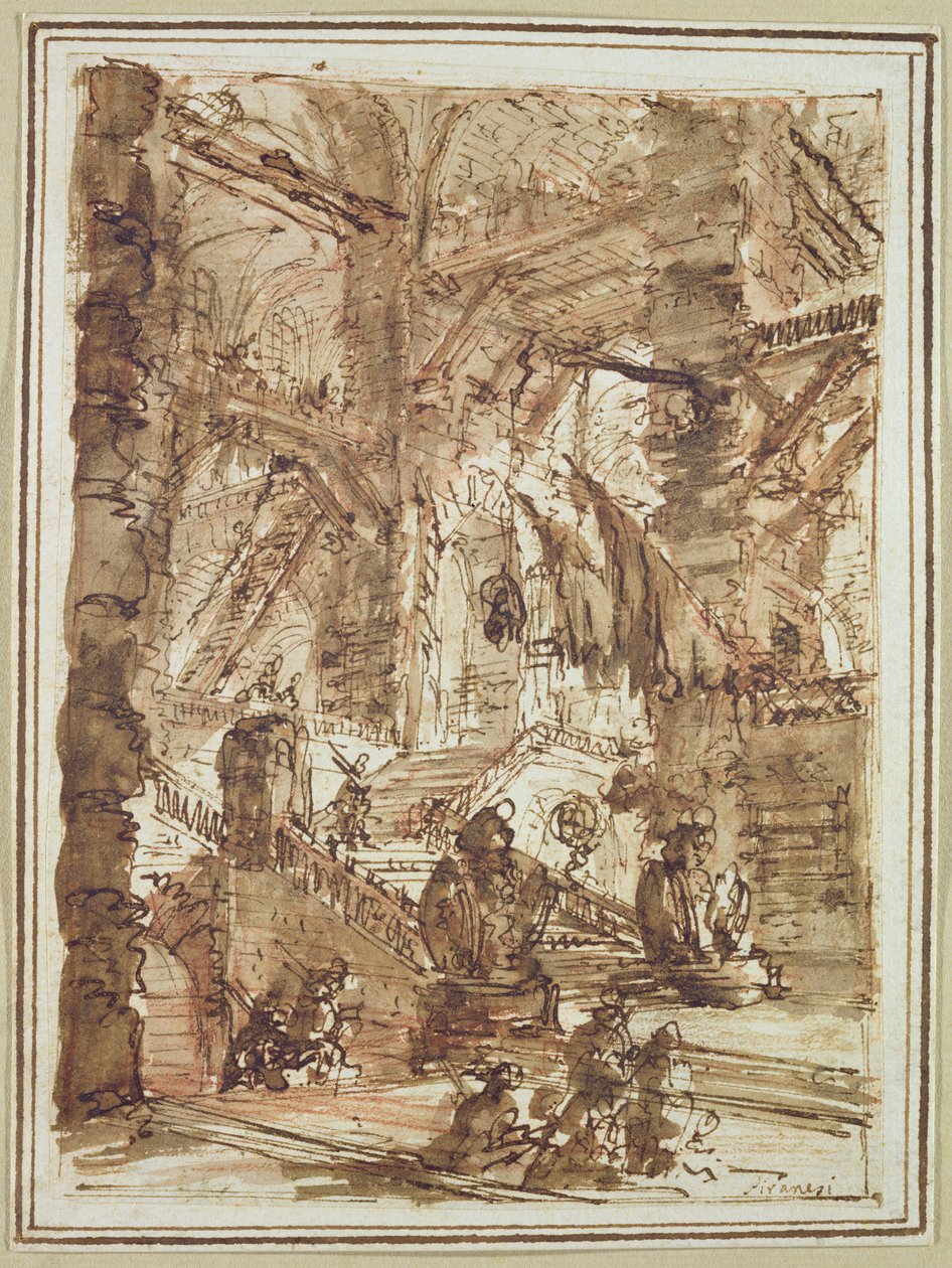 Desenho preparatório para a placa número VIII da série &39;Carceri al&39;Invenzione&39; (tinta e tinta no papel) de Giovanni Battista Piranesi