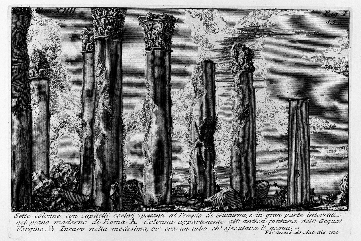 Sete colunas com capitais coríntias devido ao Templo de Giuturna, e em grande parte enterrado no plano moderno de Roma de Giovanni Battista Piranesi