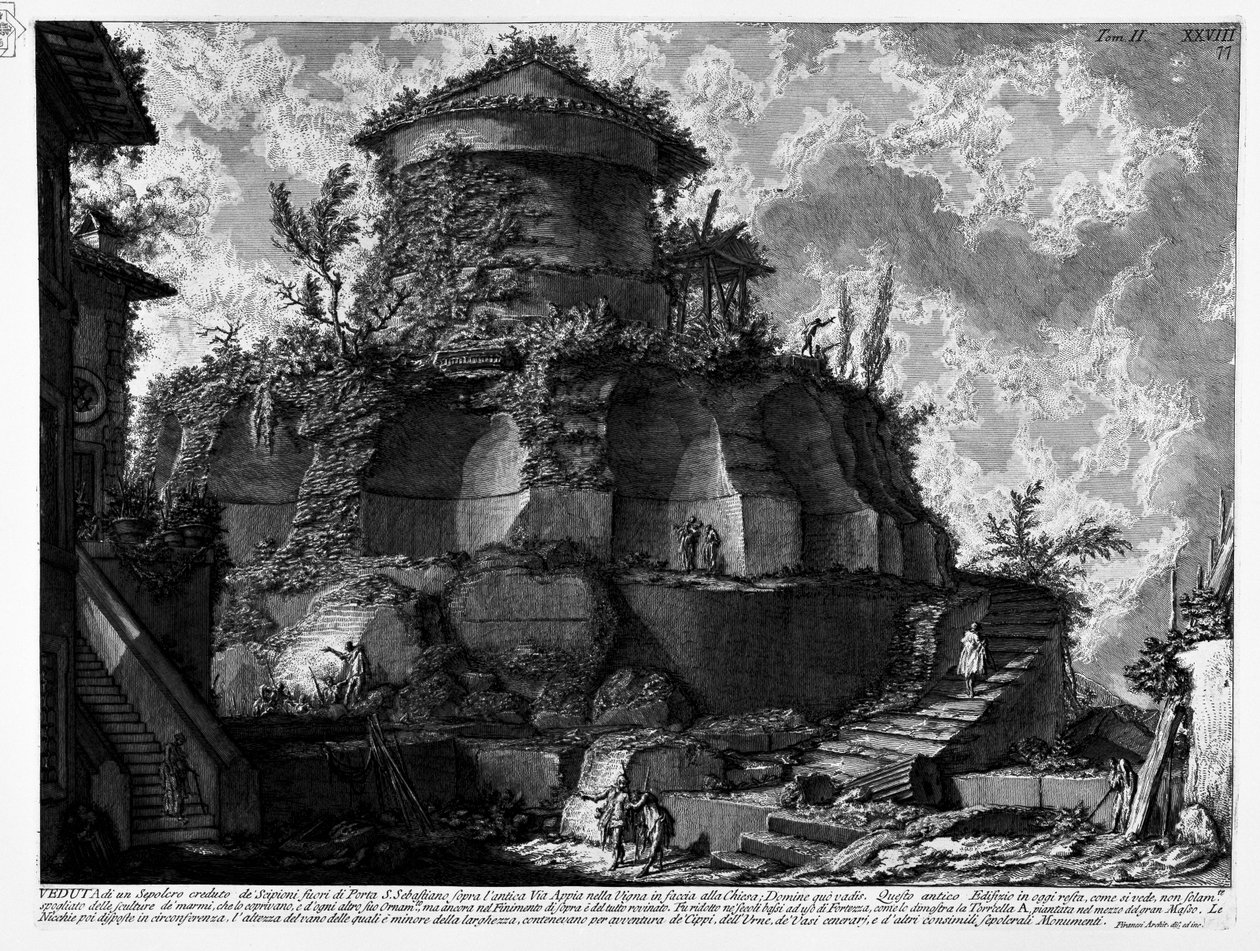 Túmulo de Priscilla, erroneamente descrito por Piranesi como Sepulcro, acreditado pelos Cipiões fora de Porta S. Sebastiano na antiga Via Appia, no Vinhedo, em frente à Igreja; Domine quo vadis de Giovanni Battista Piranesi