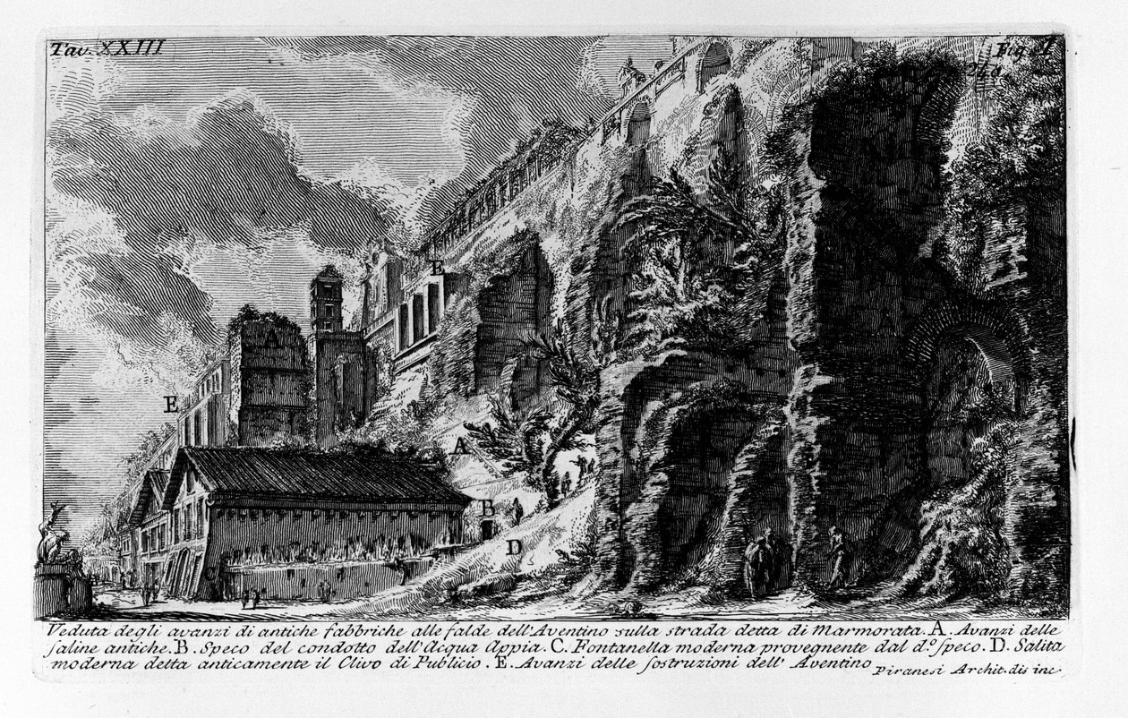 Vista dos restos de antigas fábricas no sopé do Aventino na estrada chamada Marmorata de Giovanni Battista Piranesi
