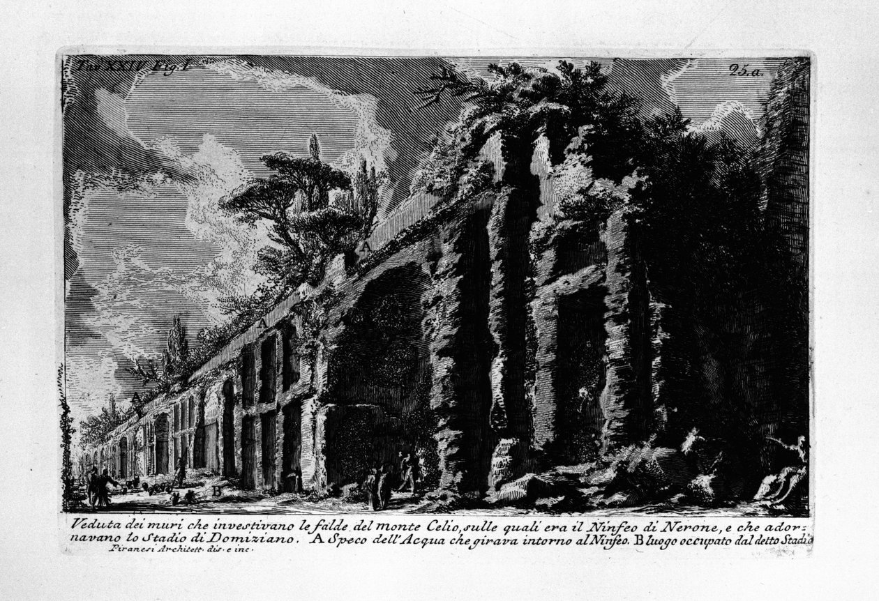 Vista das muralhas que atingem as encostas do Monte Celio, em que foi a Ninfa de Nero, e que adornava o estádio de Domiciano de Giovanni Battista Piranesi