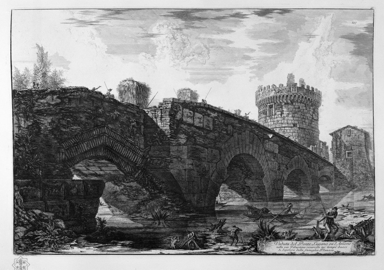 Vista da Ponte Lugano sobre a Anione na via Tiburtina compensada nos templos baixos de Giovanni-Battista Piranesi