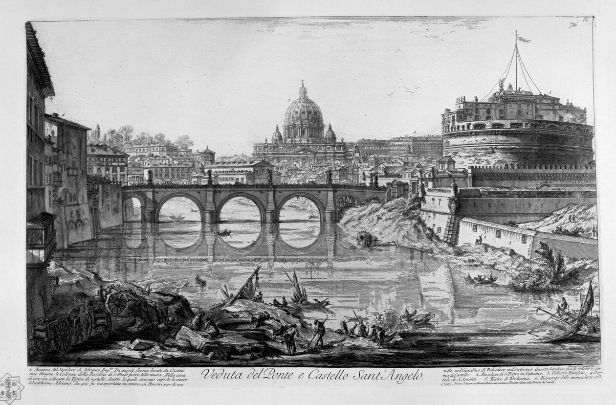 Vista da Ponte e Castello Sant &39;Angelo. Sobras do Sepulcro por Adriano Imp.re. Deste as colunas da Basílica de São Paulo fora dos muros foram levantadas por Constantino, o Grande. No topo estava o metal Pigna, dentro do qual ficava de Giovanni Battista Piranesi