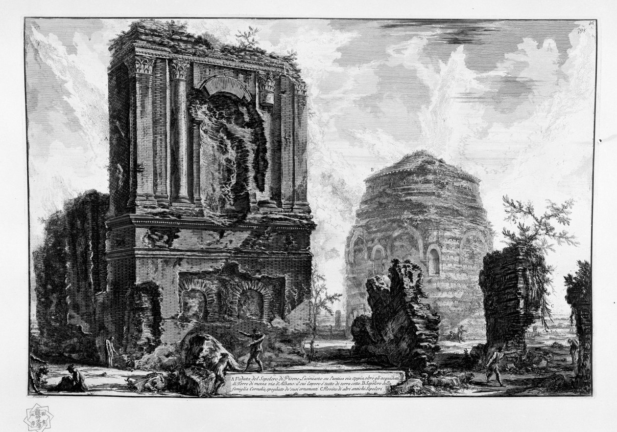 Vista do Sepolcro di Pisone Liciniano na antiga Via Appia de Giovanni Battista Piranesi