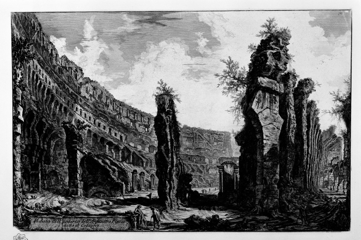 Vista do interior do Anfiteatro Flaviano chamado o Coliseu de Giovanni Battista Piranesi