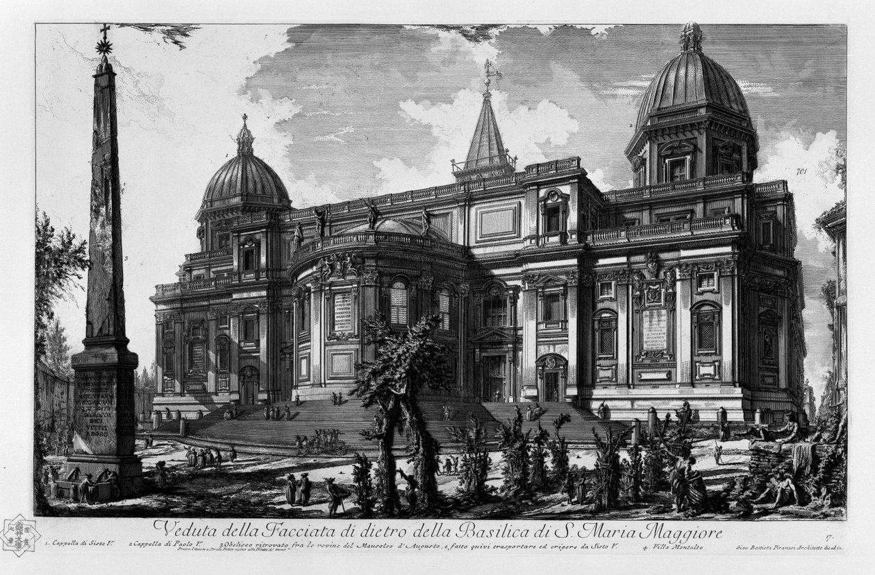 Vista da fachada posterior da Basílica de Santa Maria Maggiore Capela de Sixtus V. Capela de Paolo V. Obelisco Esquiline encontrado entre as ruínas do Mausoléu de Augusto e feito aqui para ser transportado e erguido por Sixtus V. Villa Montalto de Giovanni Battista Piranesi
