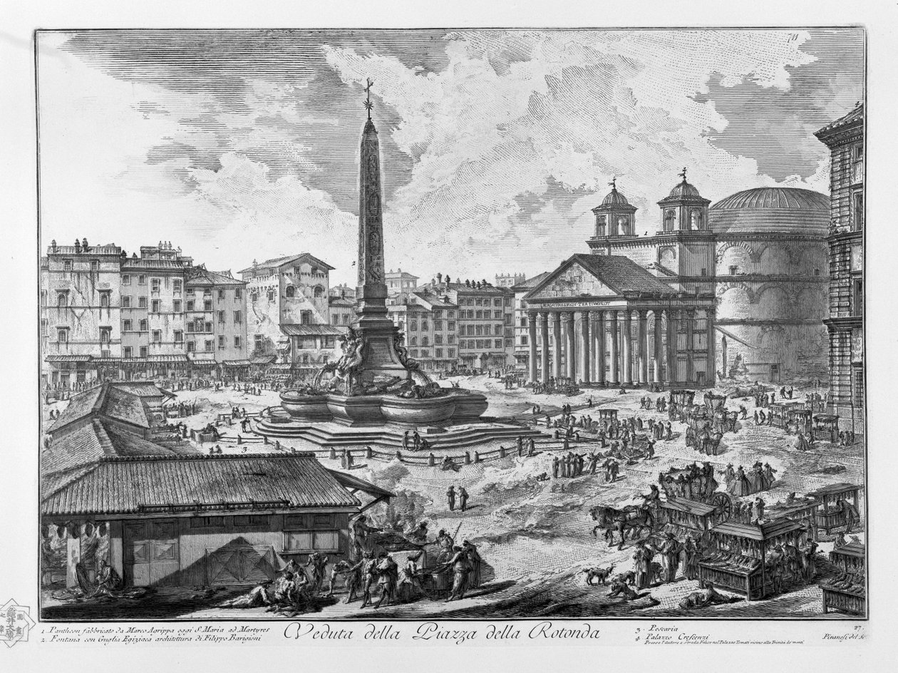 Vista do Panteão da Piazza della Rotonda fabricado por Marco Agrippa hoje S. Maria e Martyres Fontana com arquitetura Guglia Egiziaca por Filippo Barigioni Pescaria Palazzo Crescenzi de Giovanni Battista Piranesi