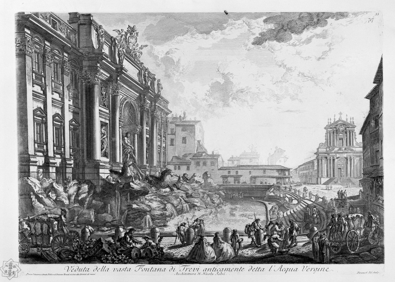 Vista da vasta Fonte de Trevi, nos tempos antigos, chamada de Água Virgem. Arquitetura de Nicola Salvi de Giovanni Battista Piranesi