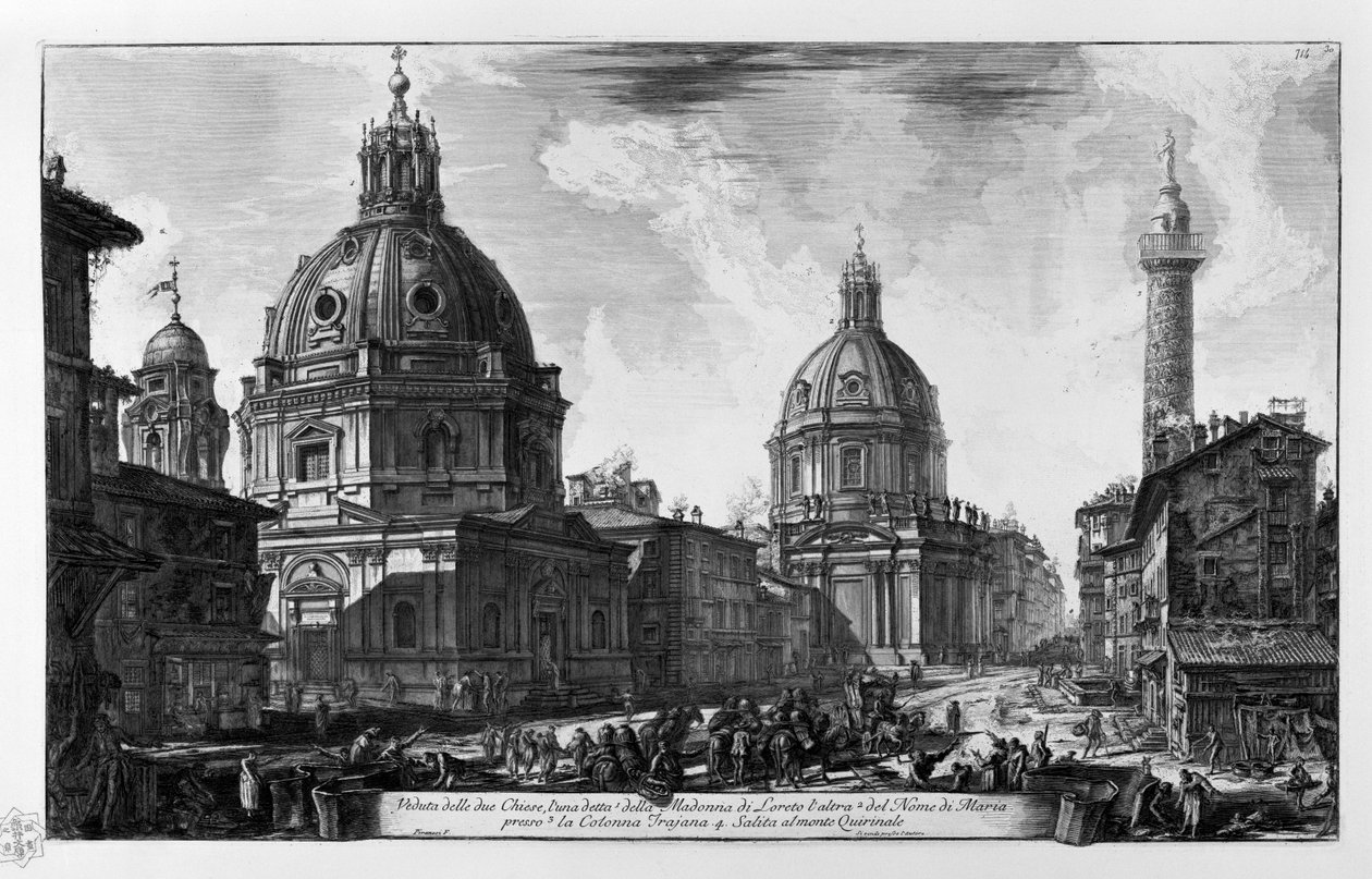 Vista das duas igrejas. Igreja de Santa Maria di Loreto Igreja do Santo Nome de Maria Colonna Traiana. Subida à montanha do Quirinale de Giovanni Battista Piranesi