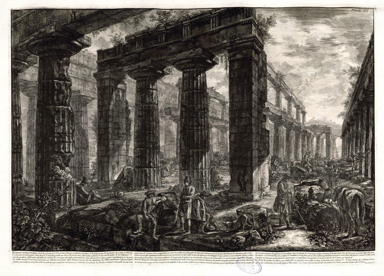 Cf. o primeiro estado desta representação com a visão do templo a partir de uma posição ligeiramente mais alta, com outras figuras Staffage e uma fita vazia, que é assinada apenas na parte inferior direita. Ficacci, L. Giovanni Battista Piranesi. O complet de Giovanni Battista Piranesi
