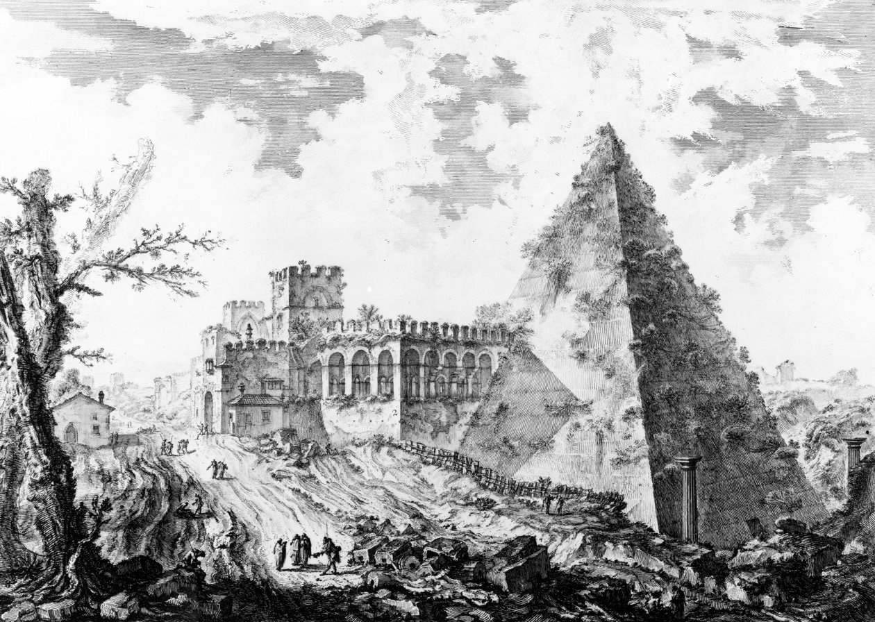 Vista da pirâmide de Caius Cestius, da série "Views of Rome", c.1760 de Giovanni Battista Piranesi