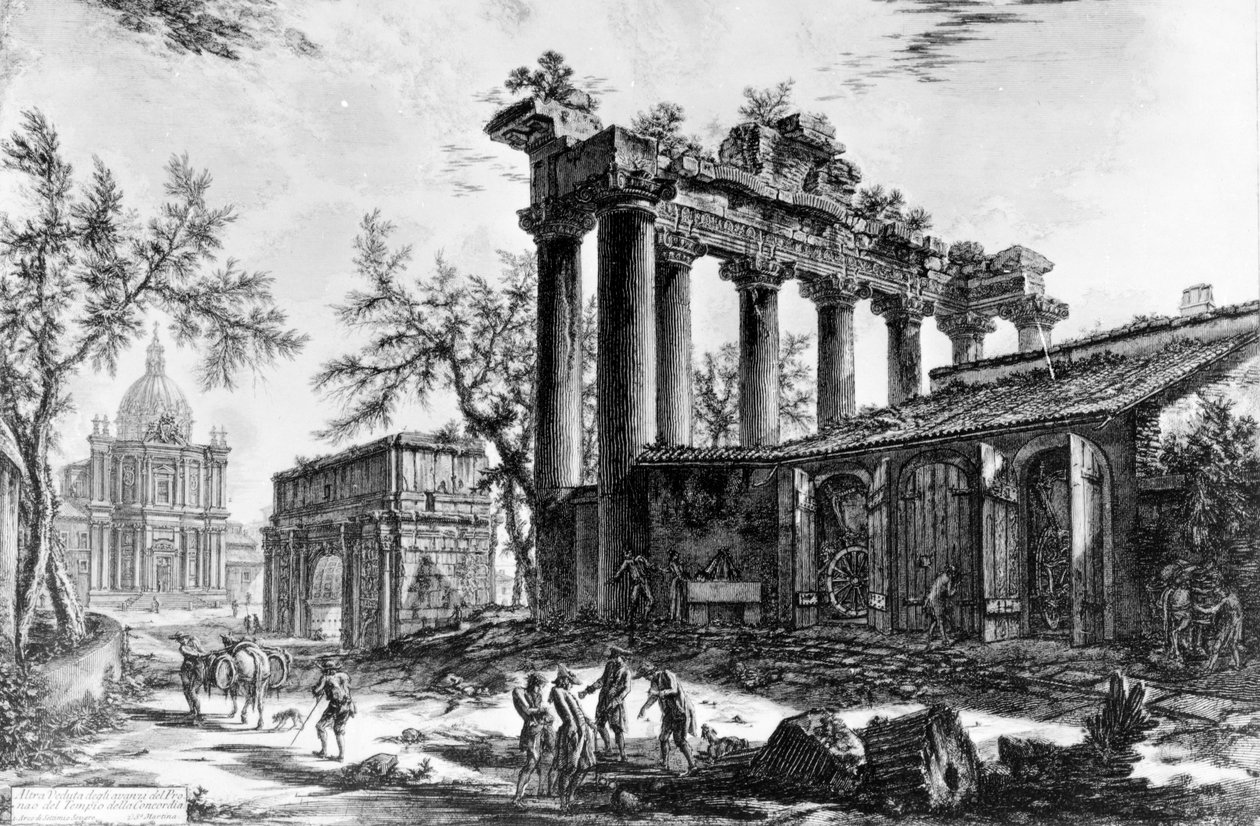 Vista do Templo da Concórdia com o Arco de Septímio Severo e a Igreja de Santa Martina, da série "Vistas de Roma", c.1760 de Giovanni Battista Piranesi