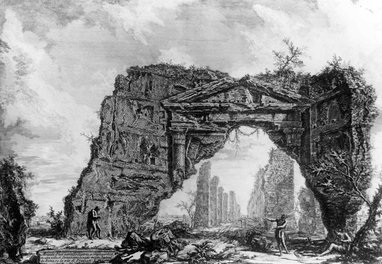 Vista do pórtico em ruínas da Villa dei Sette Bassi, da série "Views of Rome", c.1760 de Giovanni Battista Piranesi