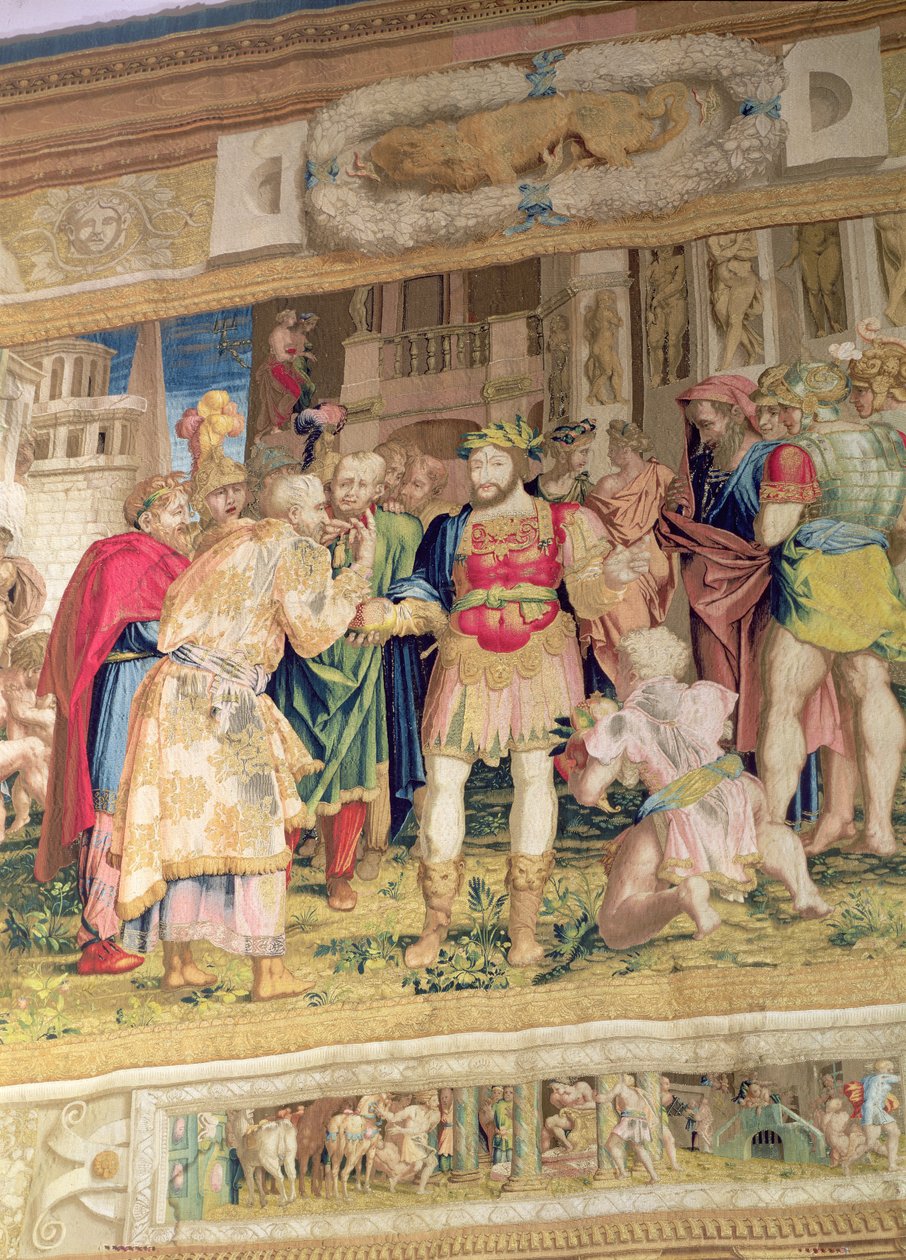 A Unificação dos Estados, detalhe mostrando Francisco I da França (1494-1547) (tapeçaria) de Giovanni Battista Rosso Fiorentino
