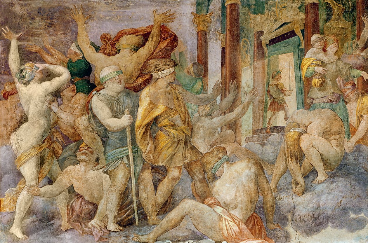 Francisco I expulsa os Vícios e entra no Templo de Júpiter, c.1522-40 de Giovanni Battista Rosso Fiorentino