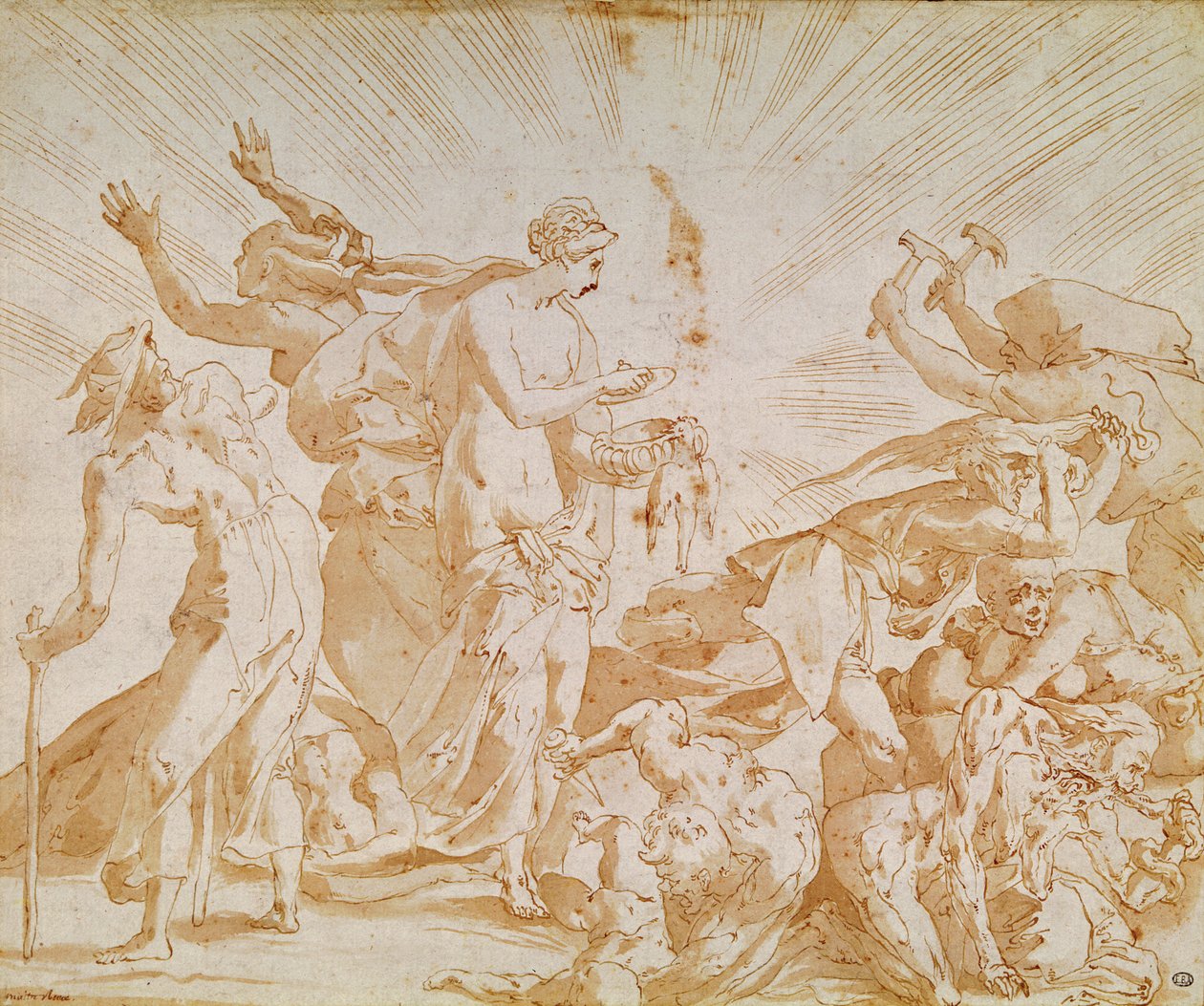 Pandora abrindo a caixa (caneta, tinta e papel) de Giovanni Battista Rosso Fiorentino