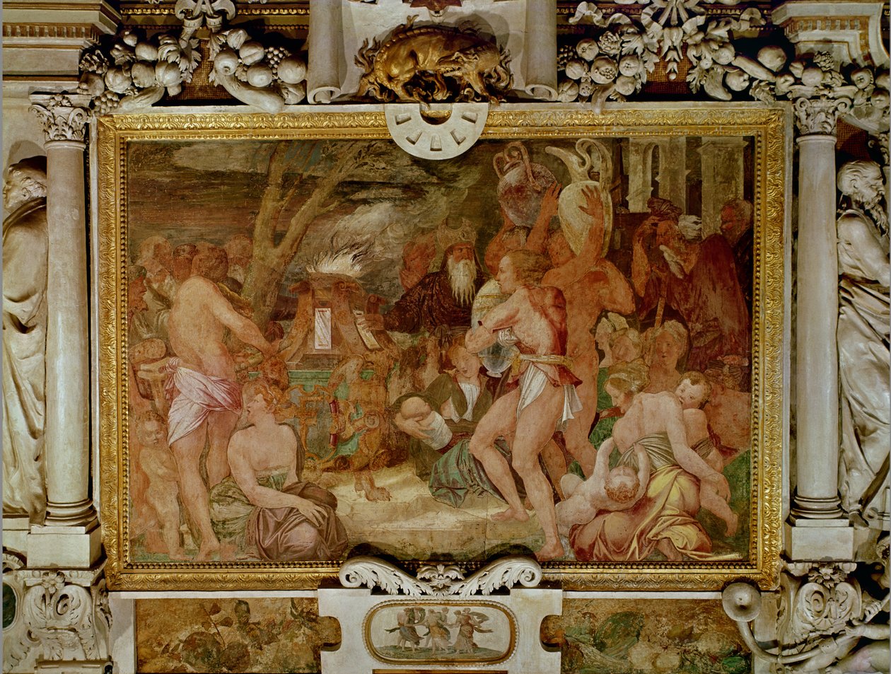 Os Gêmeos Catanos, Anapias e Amphinamus no Altar do Sacrifício, detalhe do esquema decorativo na Galeria de Francisco I (1494-1547) 1535-40 (afresco e estuque) de Giovanni Battista Rosso Fiorentino