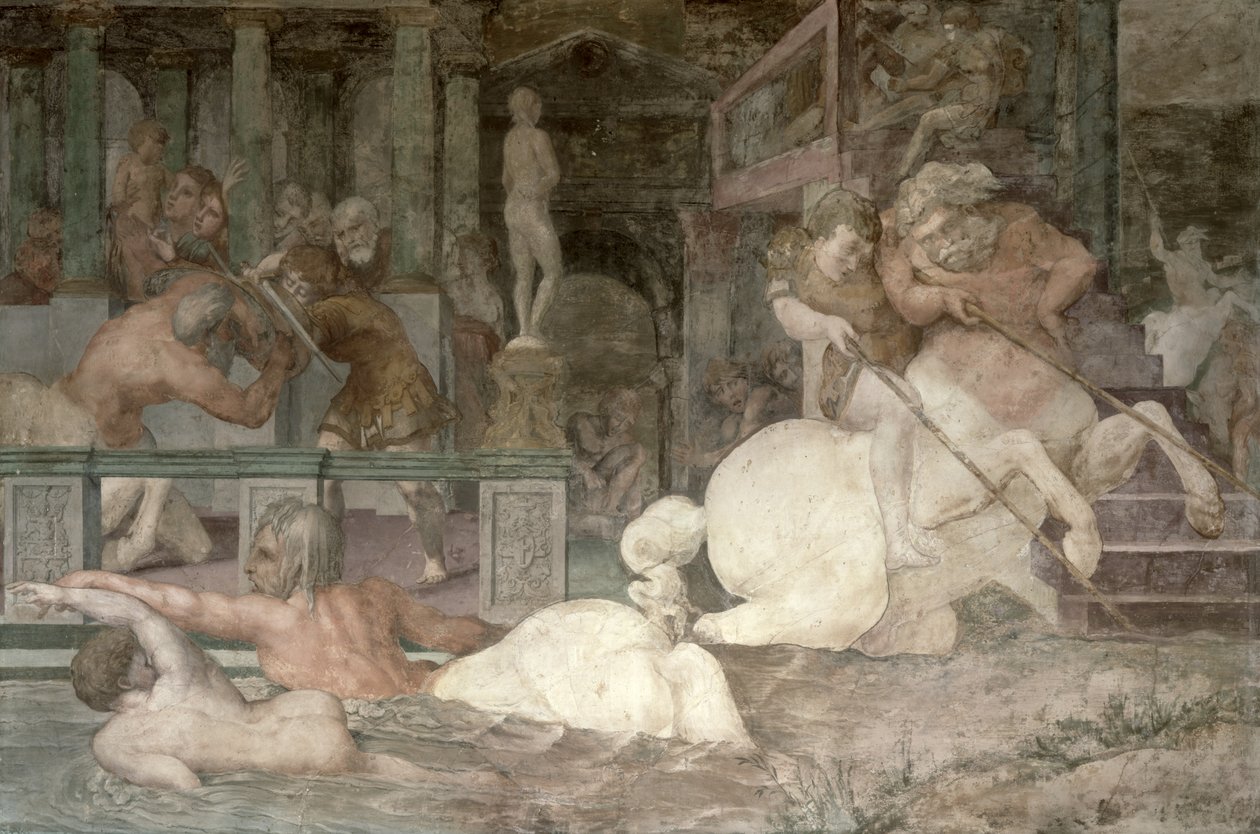 A Educação de Aquiles, detalhe do esquema decorativo na Galeria de Francisco I, 1530-40 (ver também 105682) de Giovanni Battista Rosso Fiorentino