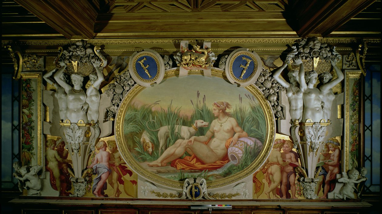 A Ninfa de Fontainebleau, detalhe do esquema decorativo na Galeria de Francisco I, 1530-40 afresco e estuque de Giovanni Battista Rosso Fiorentino