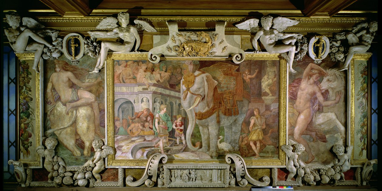 O Elefante Triunfal, uma homenagem alegórica a Francisco I, detalhe do esquema decorativo na Galeria de Francisco I, 1530-40 afresco e estuque de Giovanni Battista Rosso Fiorentino