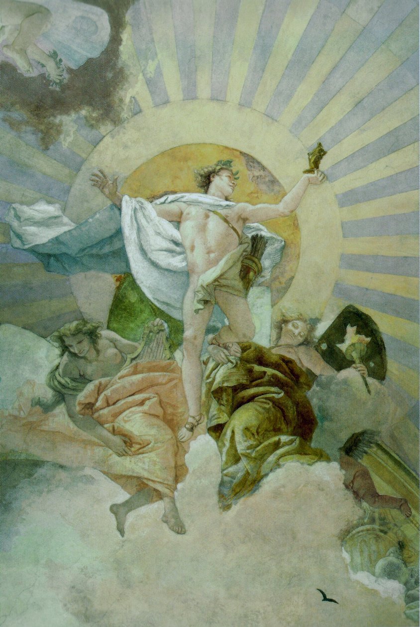 Teto fresco na escadaria da Residência de Würzburg, céu do norte dos deuses, detalhe de Giovanni Battista Tiepolo