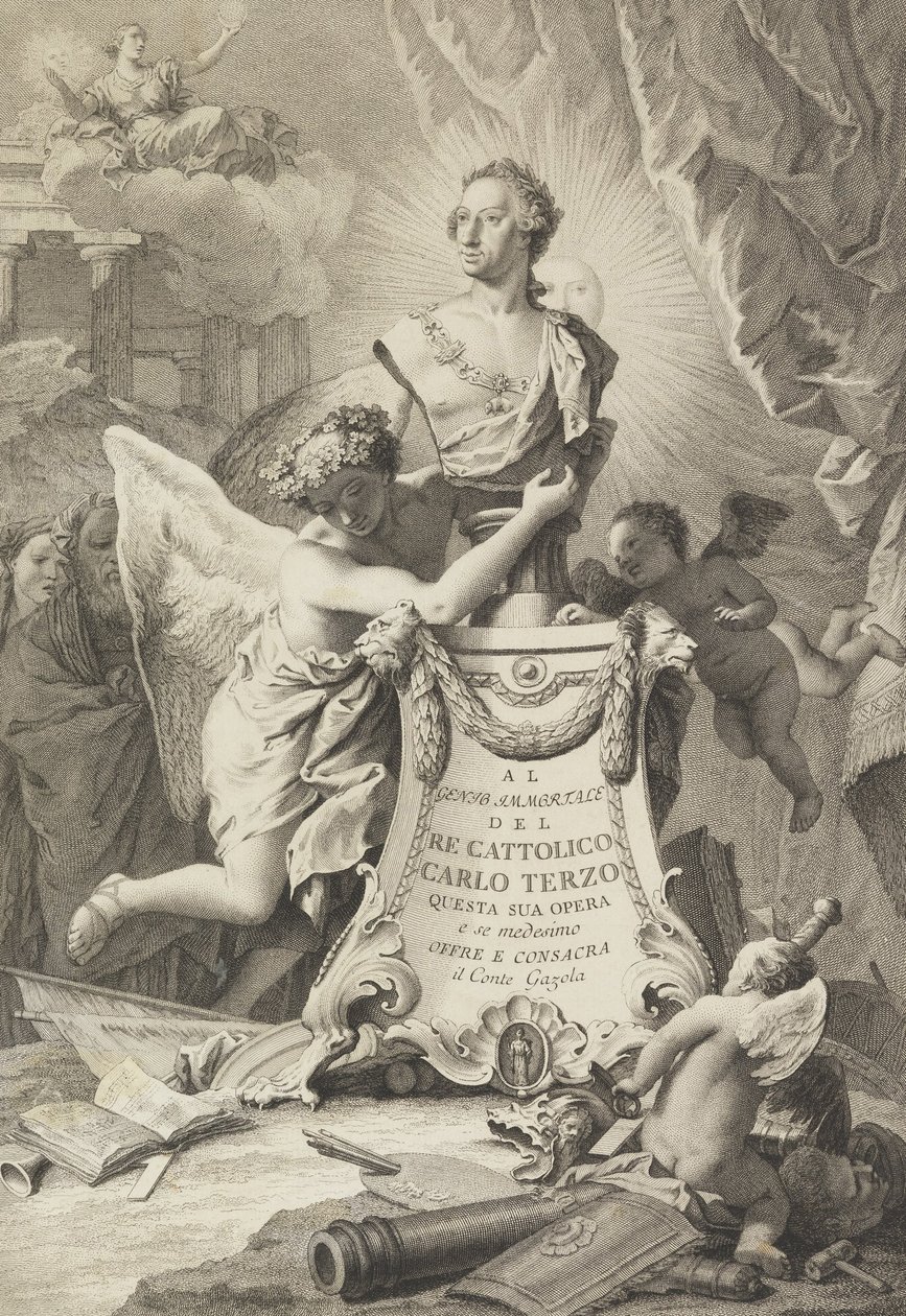 Dedicação a Carlos III de Espanha e as Duas Sicílias, frontispício de Paolantonio Paoli, Ro ... de Giovanni Battista Tiepolo
