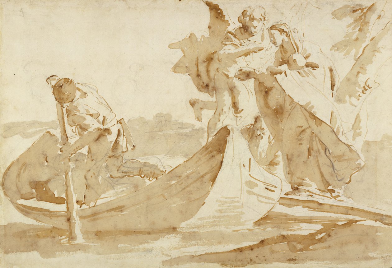Voo para o Egito, 1725-35 (Caneta e tinta marrom com tinta marrom sobre giz preto) de Giovanni Battista Tiepolo